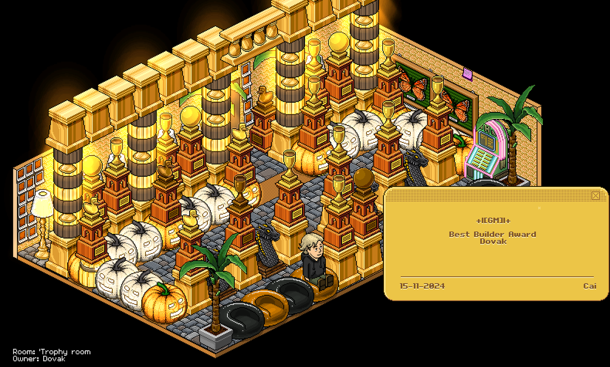 DovakHabbo's tweet photo. HUGE shoutout to @GothicMafiaHQ  for blessing me with this EPIC trophy! 🏆🔥 The Awards Ceremony was straight-up lit. I’m still vibing off the energy! 🌟 THANK YOU to EVERYONE who voted for me, you made this moment unforgettable! 🙌💖

This Trophy isn’t just mine, it’s for Habadelic! Let’s goooooo!! 🎉 @HabboOrigins #HabboHotelorigins #Habbo @HabboHotel #HabboOrigins