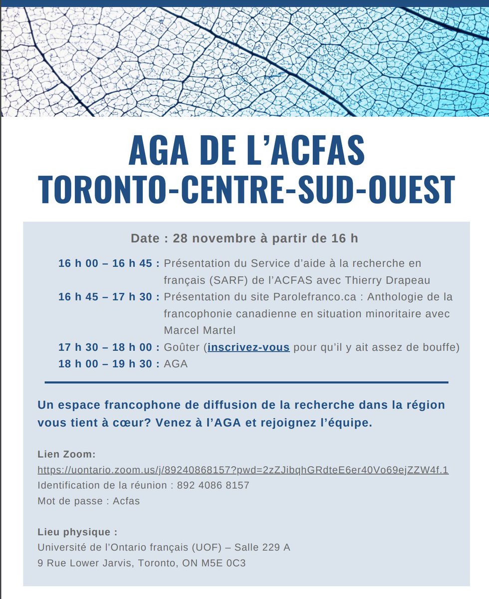 Emmanuelle Richez (@emmarichez) on Twitter photo L’assemblée générale annuelle de l’<a href="/AcfasToronto/">Acfas-Toronto</a>-Centre-Sud-Ouest est prévue pour le 28 novembre (mode hybride). Elle sera précédée de présentations du Service d'aide à la recherche en français (SARF) et de Parolefranco. Voir les détails ci-dessous 👇 L’assemblée générale annuelle de l’<a href="/AcfasToronto/">Acfas-Toronto</a>-Centre-Sud-Ouest est prévue pour le 28 novembre (mode hybride). Elle sera précédée de présentations du Service d'aide à la recherche en français (SARF) et de Parolefranco. Voir les détails ci-dessous 👇
