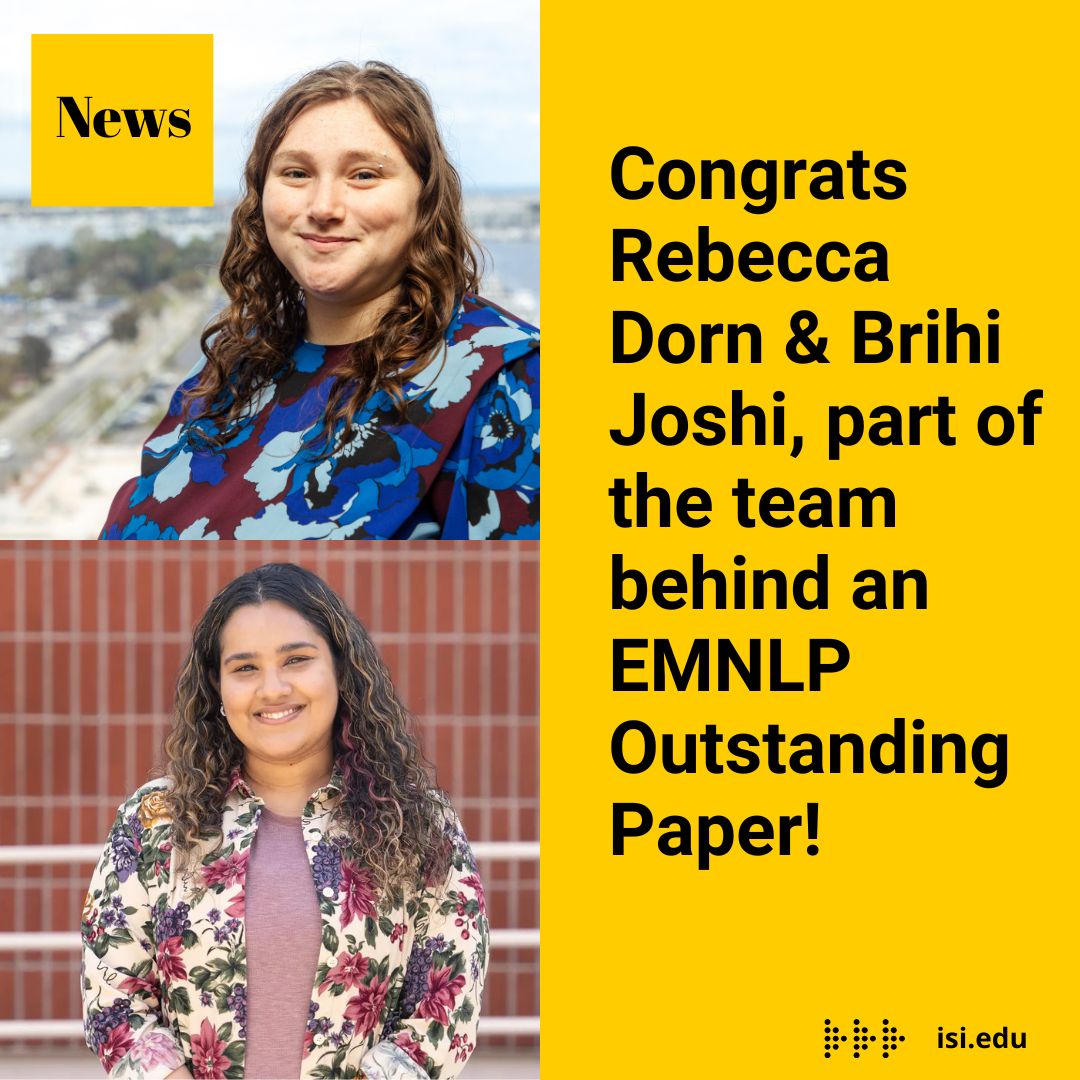 USC_ISI's tweet photo. 🙌 WTG to ALL🏆 the @USCViterbi students at #EMNLP2024 including ISIers @rebeccadorn_ @BrihiJ @AlexanderSpangh @TenghaoHuang45 who had Outstanding Papers 🏆 https://t.co/rpkfcbkFMi