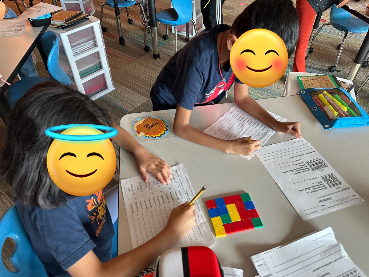Practicing with making arrays &amp; writing repeated addition equations using color tiles. Love seeing this hands on learning and collaboration! 🩵 <a href="/WhiteOakElem/">White Oak Elementary</a>