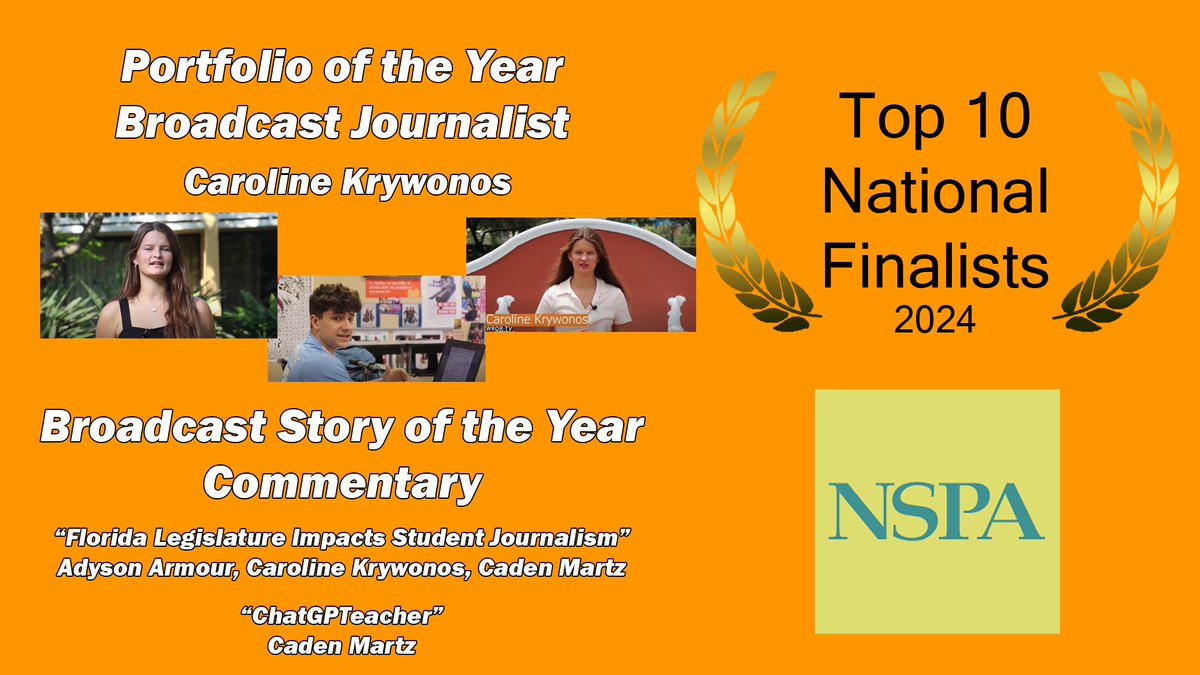 This week, <a href="/NSPA/">National Scholastic Press Association</a> recognized alumna Caroline Krywonos as a Top 10 national finalist for Broadcast Journalist of the Year! She also produced one of two commentaries, alongside Caden Martz and Adyson Armour, that placed Top 10 nationally for Broadcast Story of the Year!