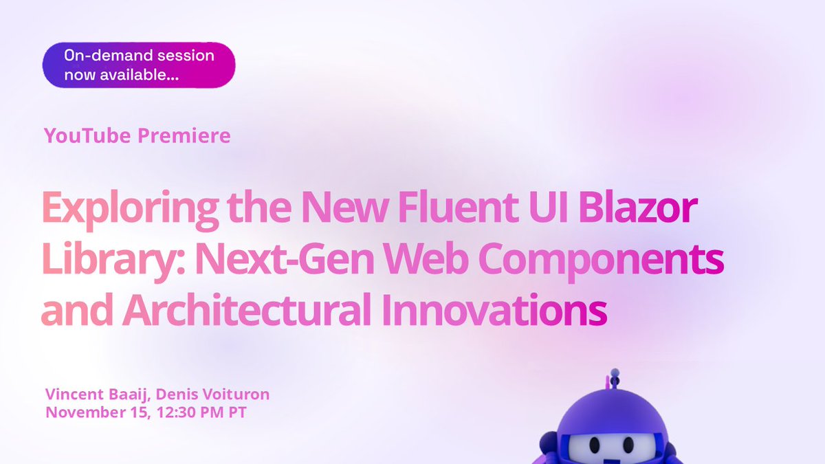 dotnet's tweet image. 〰️ Exploring the New Fluent UI Blazor Library: Next-Gen Web Components and Architectural Innovations 〰️
.NET Conf 2024 Premiere Bonus Session now available on demand on our YouTube channel... 🔗 🎥 msft.it/6011WZVNP
Follow the conversation: #dotNETConf
