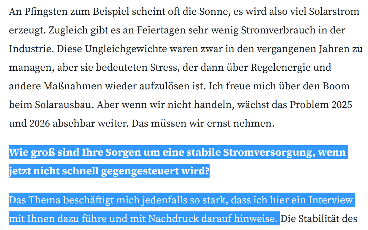 EE_Fakten's tweet photo. Hier ein Auszug aus der Sonntagszeitung. Die BNetzA macht sich ernsthafte Sorgen über die #SolarSpitzen an Wochenenden und Feiertagen. Der massive PV-Ausbau kam schneller als erwartet. https://t.co/eTK4Px0Zp2