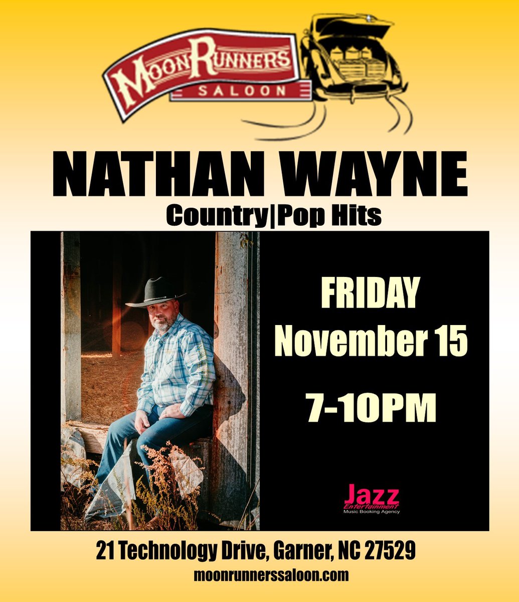 🎶 Tonight’s the night! 

Join us at MoonRunners South Garner for live music with Nathan Wayne, bringing you all the best country and pop hits! 🎸

📅 Friday, 7-10 PM
📍 21 Technology Drive, Garner, NC 27529

 #northcarolina #supportlocals #moonshine #moonrunners #garnernc