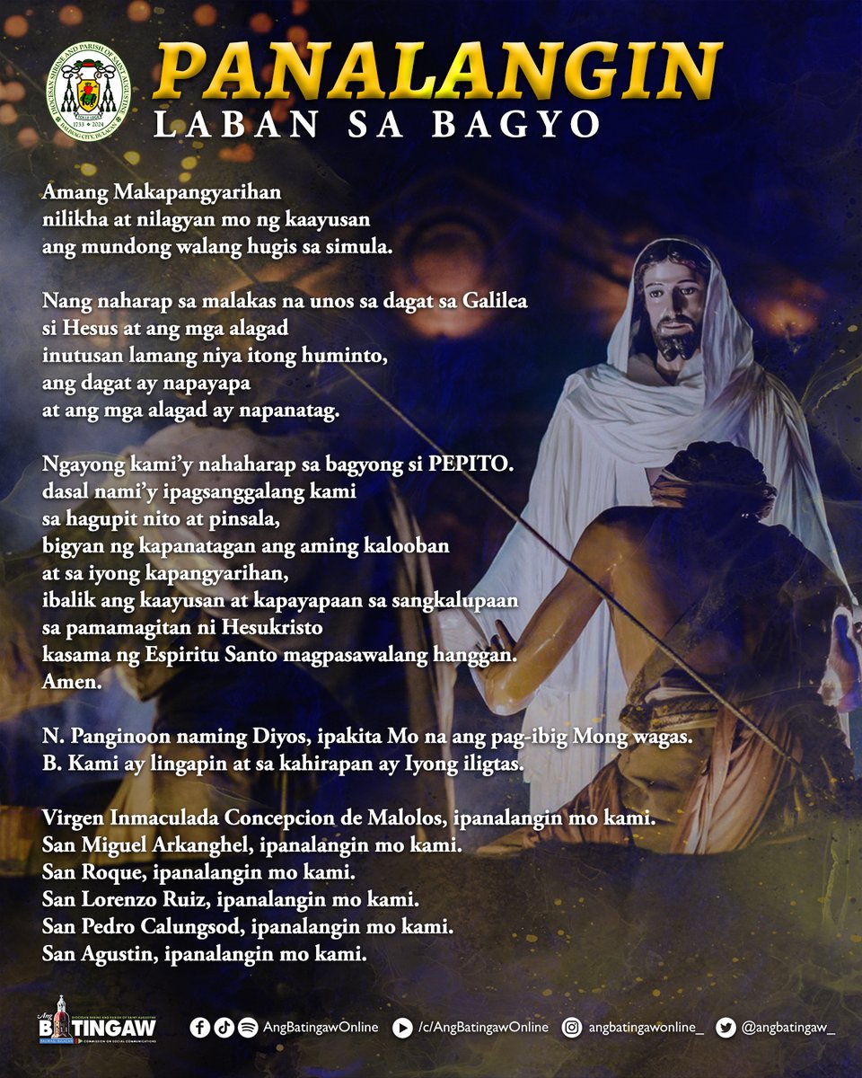 angbatingaw_'s tweet photo. Sa pagsailalim ng Lungsod ng Baliwag sa TCWS # 1 dulot ng #PepitoPH. Sa isang tinig, bilang magkakapatid kay Kristo, sama-sama nating dasalin ang PANALANGIN LABAN SA BAGYO:
Stay-safe, mga ka-batingaw!
#PepitoPH #DSPSA #AngBatingaw https://t.co/hGscIHsXoe
