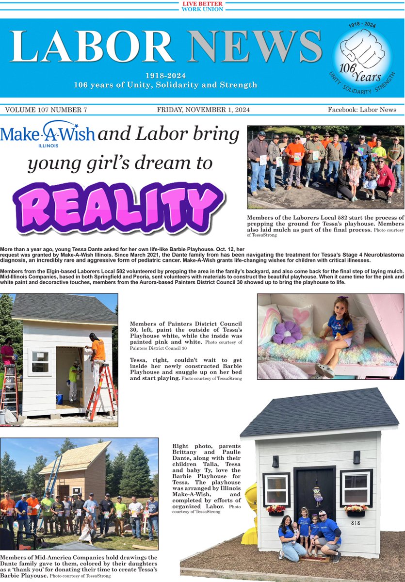 Labor_News's tweet photo. Area Unions show the power of unity &amp; the beauty of what they can achieve together w/this life-sized Barbie playhouse for a young TessaStrong through @WishIllinois. 
#UnionStrong #MakeAWish #Solidarity #CommunityMatters #LaborNews
@PaintersDC30 @LIUNA Local 582 @MidAmCarpenters https://t.co/66bo94NJJX