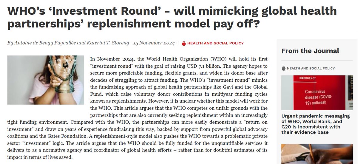 Antoine de Bengy (@adebengyp) on Twitter photo Next week, WHO organizes its first ‘investment round’ with the goal of raising $7.1 billion 💰
<a href="/KStoreng/">Katerini T. Storeng</a> & I ask: Will mimicking global health partnerships’ replenishment model pay off?
✒️ Essay in <a href="/Global_Policy/">Global Politics</a> 👉 globalpolicyjournal.com/articles/healt… Next week, WHO organizes its first ‘investment round’ with the goal of raising $7.1 billion 💰
<a href="/KStoreng/">Katerini T. Storeng</a> & I ask: Will mimicking global health partnerships’ replenishment model pay off?
✒️ Essay in <a href="/Global_Policy/">Global Politics</a> 👉 globalpolicyjournal.com/articles/healt…