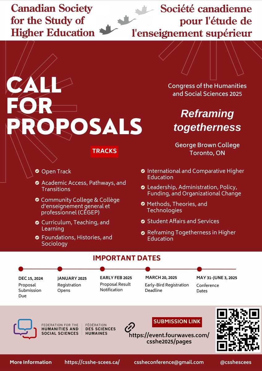 Reminder to submit your presentation proposals for <a href="/csshescees/">CSSHE | SCÉES</a> 2025 <a href="/GBCollege/">George Brown College</a> by December 15th (only one month away!). The deadline will NOT be extended this year, so please make sure to submit your proposals before this deadline. buff.ly/40eMwGC #CSSHE2025