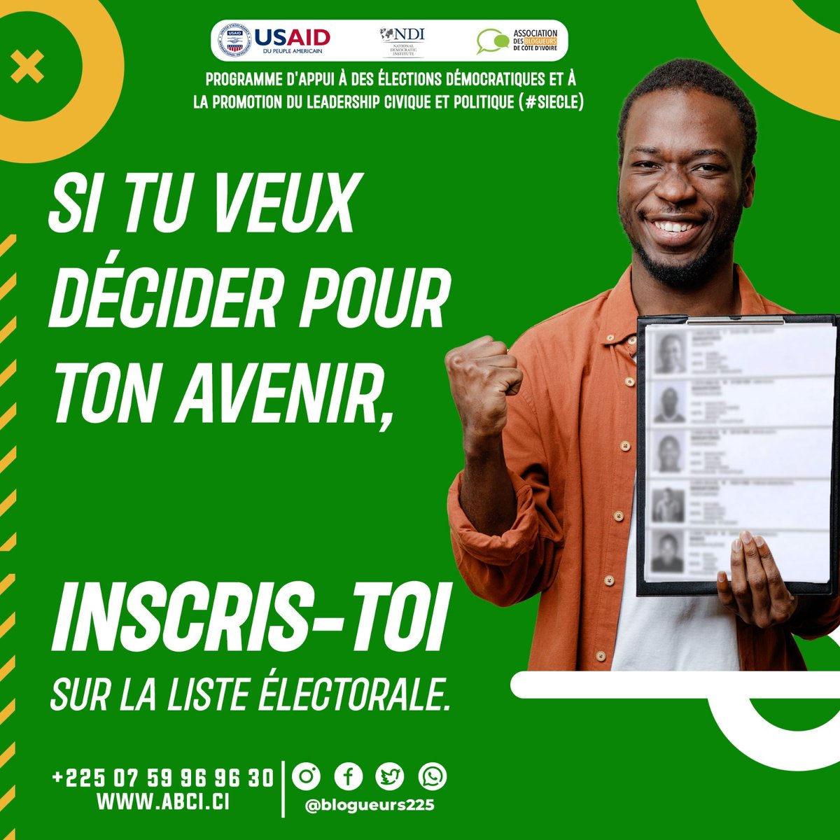 FatimBlog's tweet photo. Jeune ! Femme !
Viens décider pour ton avenir.
Inscris-toi sur la Liste Electorale.
Programme #SIECLE
#RLECIV2024 #abci225 #fatimblog #blogueurs225 #CIV225
@USEmbAbidjan @USAID @USAIDWestAfrica
@ndicotedivoire
@benevoles225
@blogueurs225 https://t.co/EC7GxgQUNA
