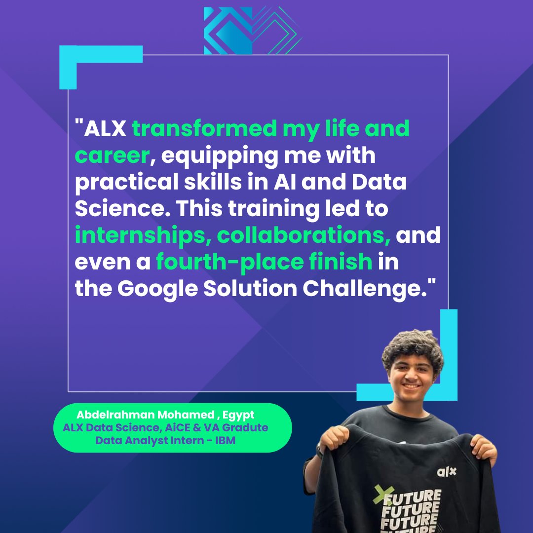 alx_africa's tweet photo. From 4th place in the Google Solution Challenge to a transformed career, ALX has been a game-changer for Abdelrahman. 
Ready to make your dreams a reality? 
Dare to start now: https://t.co/X903d2Jv2d 

#ALXAfrica #ALXDareToBeMore #DoHardThings #ALXAiCE #ALXDataScience #ALXVA https://t.co/QckkEscX41