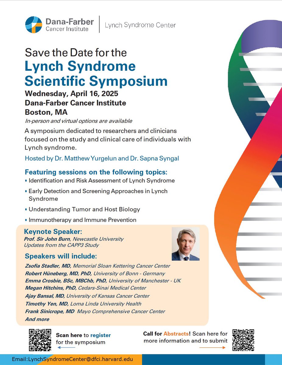 MattYurgelun's tweet image. Are you at the @CGAIGC Annual Meeting (or wish you were)? Then you will undoubtedly enjoy the FREE @DanaFarber #LynchSyndrome Center’s Scientific Symposium Wed April 16, 2025.
Registration is now open, *and* we are calling for abstract submissions this year
#CGAIGC24