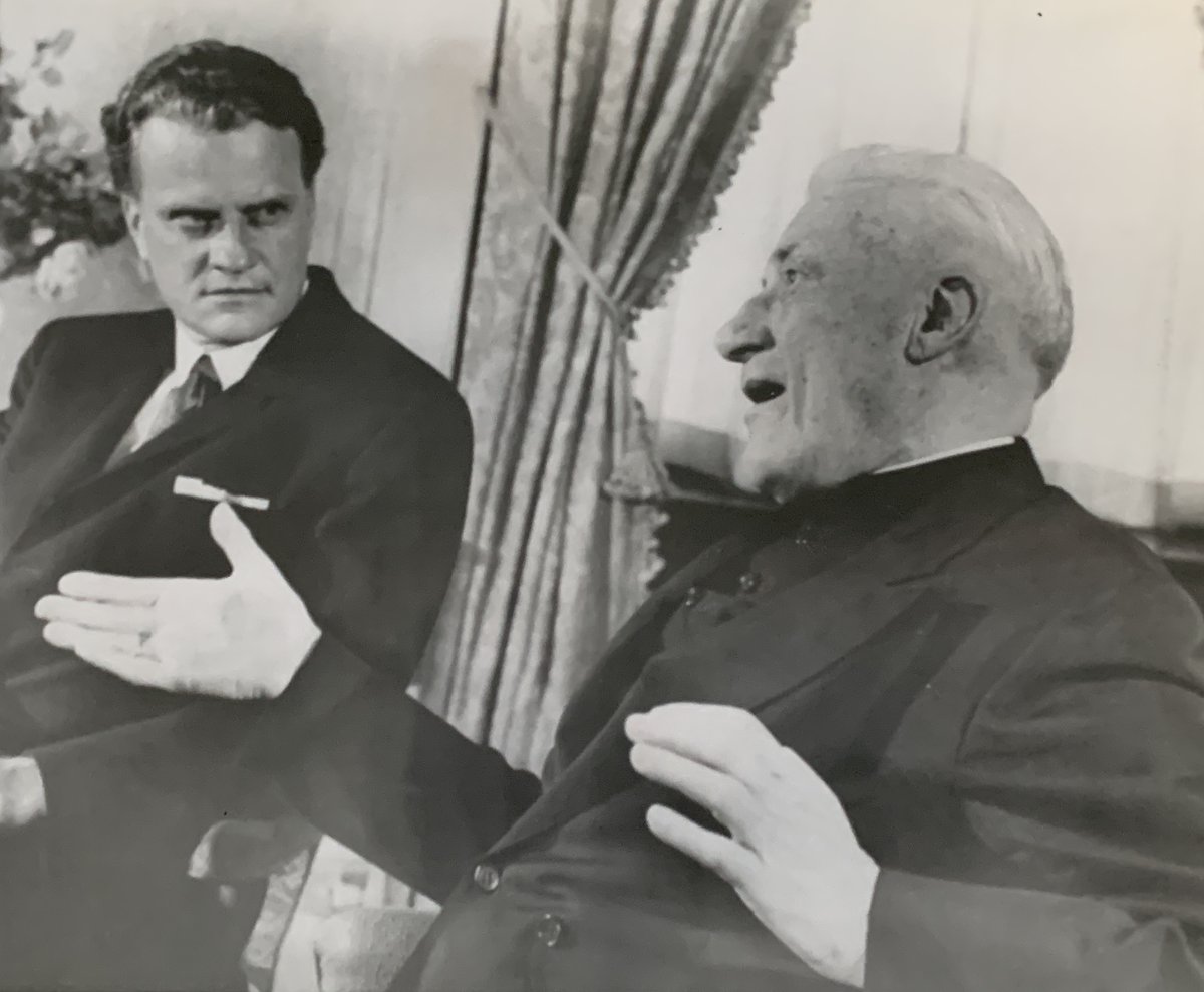 Excited to be talking today about Cardinal Cushing in an <a href="/Ideas_History/">Society for U.S. Intellectual History</a> session on midcentury Catholic-Protestant relations. Here's Cushing with Billy Graham in 1964. Thrilled to be joined by brilliant co-panelists <a href="/susdestradis/">Susanna De Stradis</a>, <a href="/DennisWieboldt/">Dennis J. Wieboldt III</a>, &amp; Molly Worthen!
