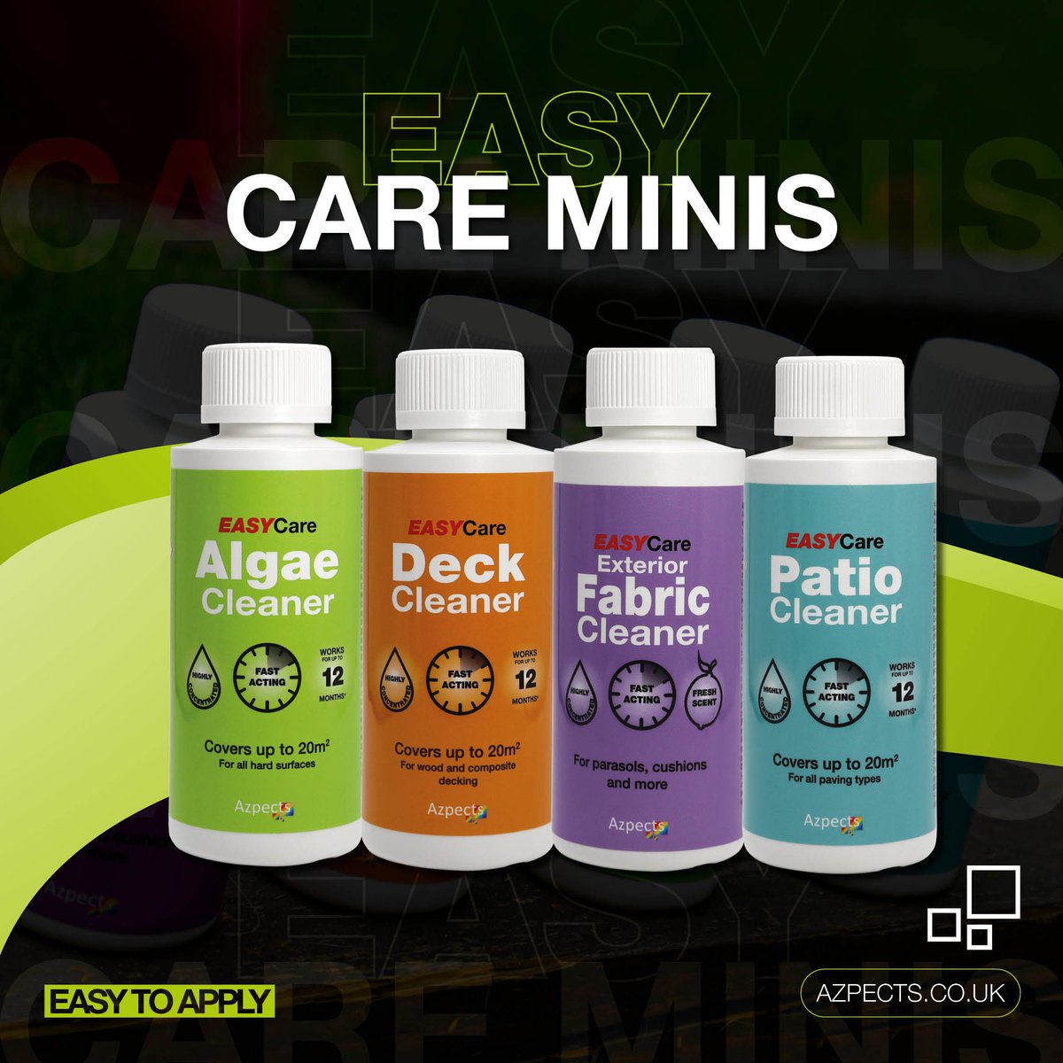 AzpectsLtd's tweet image. 4 mighty mini bottles, each highly concentrated and easy to use! Simply add to your watering can or garden sprayer, and away you go!!

Choose from:
Patio Cleaner, Algae Cleaner, deck Cleaner and Fabric Cleaner

#EASYCare #Azpects #DeckProtect #PatioCleaner #FabricCleaner