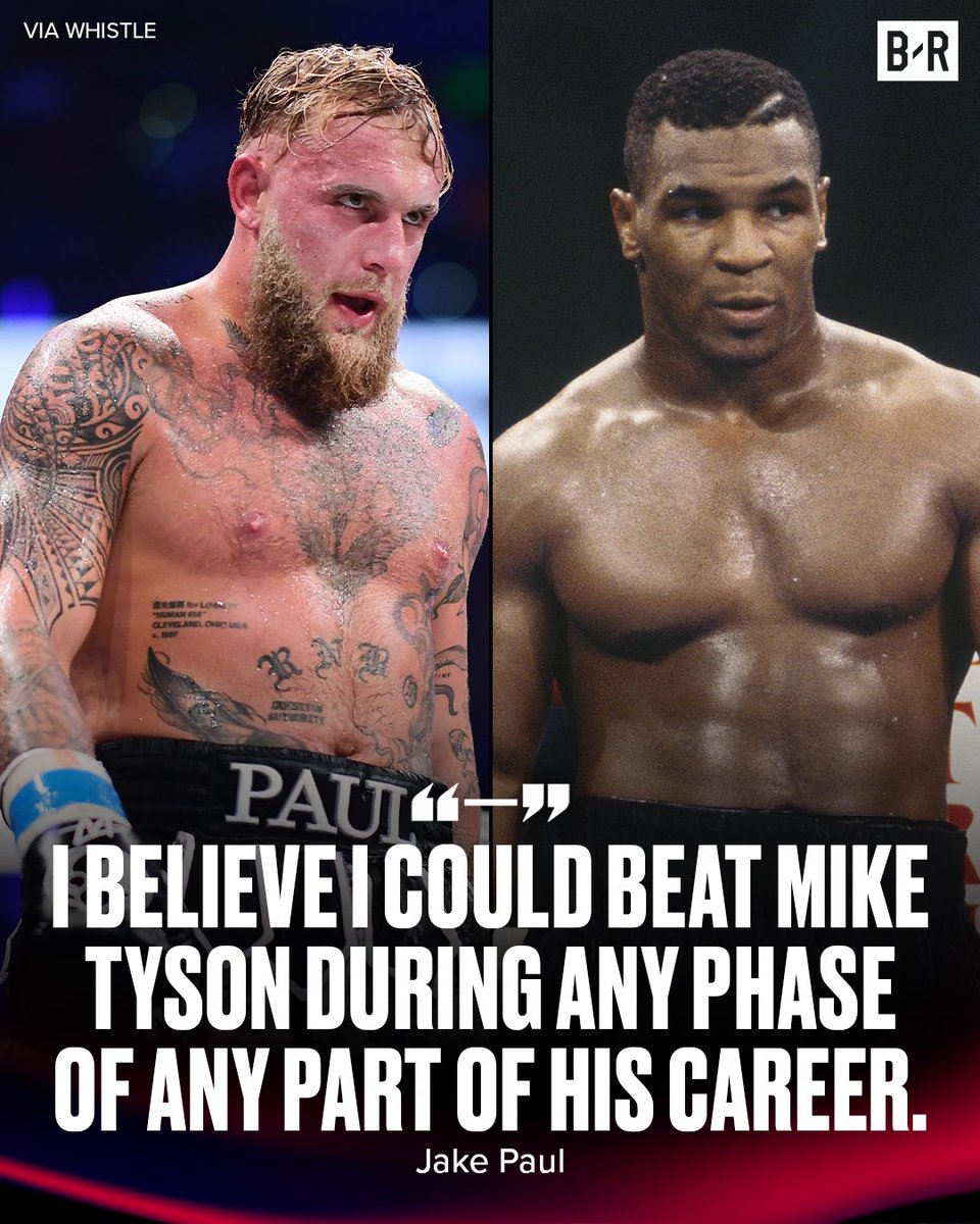 BleacherReport's tweet image. Jake Paul believes he could’ve taken down Tyson in any era 😳
You agree? 😬
(via @WhistleSports)
