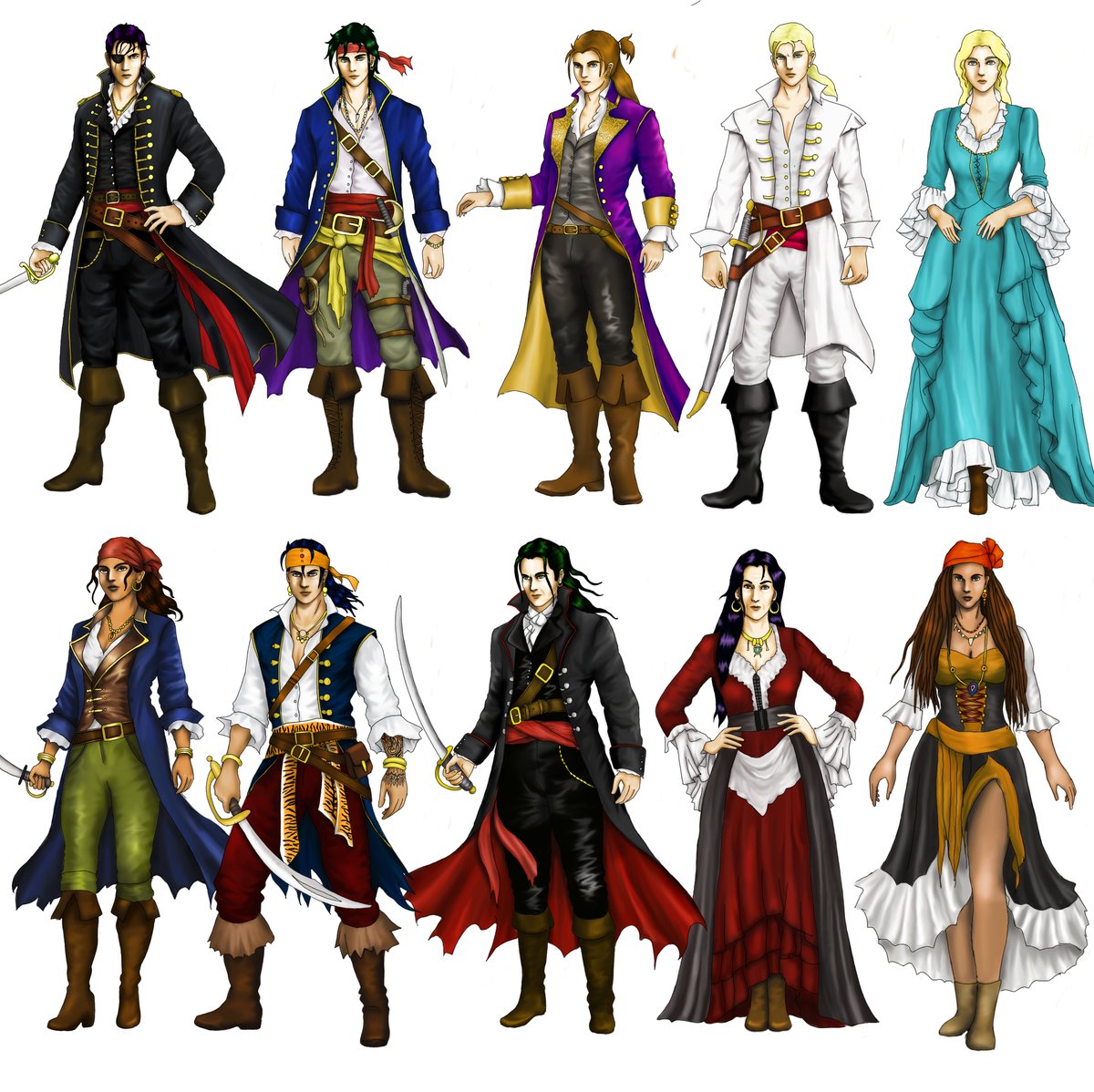 SkadiLP's tweet photo. New drawing! This time pirate-themed characters. This was a lot of fun,  but I learned that drawing tricornes is super difficult, so all my  pirates are hat-less. 😅 https://t.co/x2SVjnZIPL