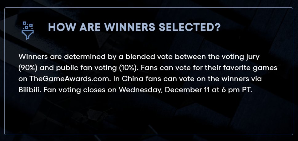Grummz's tweet photo. The Game Awards @thegameawards is rigged from the start.

90% of the vote is from a voting jury.

Guess who's on that Jury:

PRIDE - @Pride_site A webmag that doesn't even focus on games and exists soley to push activism. I wonder why they are on the panel. "Storytelling is an act of resistance."

IGN - @IGN fans of "everything is a 7" and "Stellar Blade is killing women" articles.

NPR - @NPR famous of their "neutral reporting" and also little to nothing to do with videogames. 

Kinda Funny - @KindaFunnyVids whose Andy Cortez targeted @SmashJT, the same Andy who called gamers mislead by "grifters" for criticizing DEI.

PC Gamer - @pcgamer who just published the BS ADL report about Steam "normalizing hate and extremism" in gaming.

None of this represents gamers or what gamers value. Most of these outlets have slandered gamers, gaslit them, or pushed for DEI in gaming.

The Game Awards has really curious picks for their jury, and it has nothing to do with great games.

Wukong and Stellar Blade will be snubbed. Dragon Age Veilguard will be lauded and propped up. 

It's all fake.