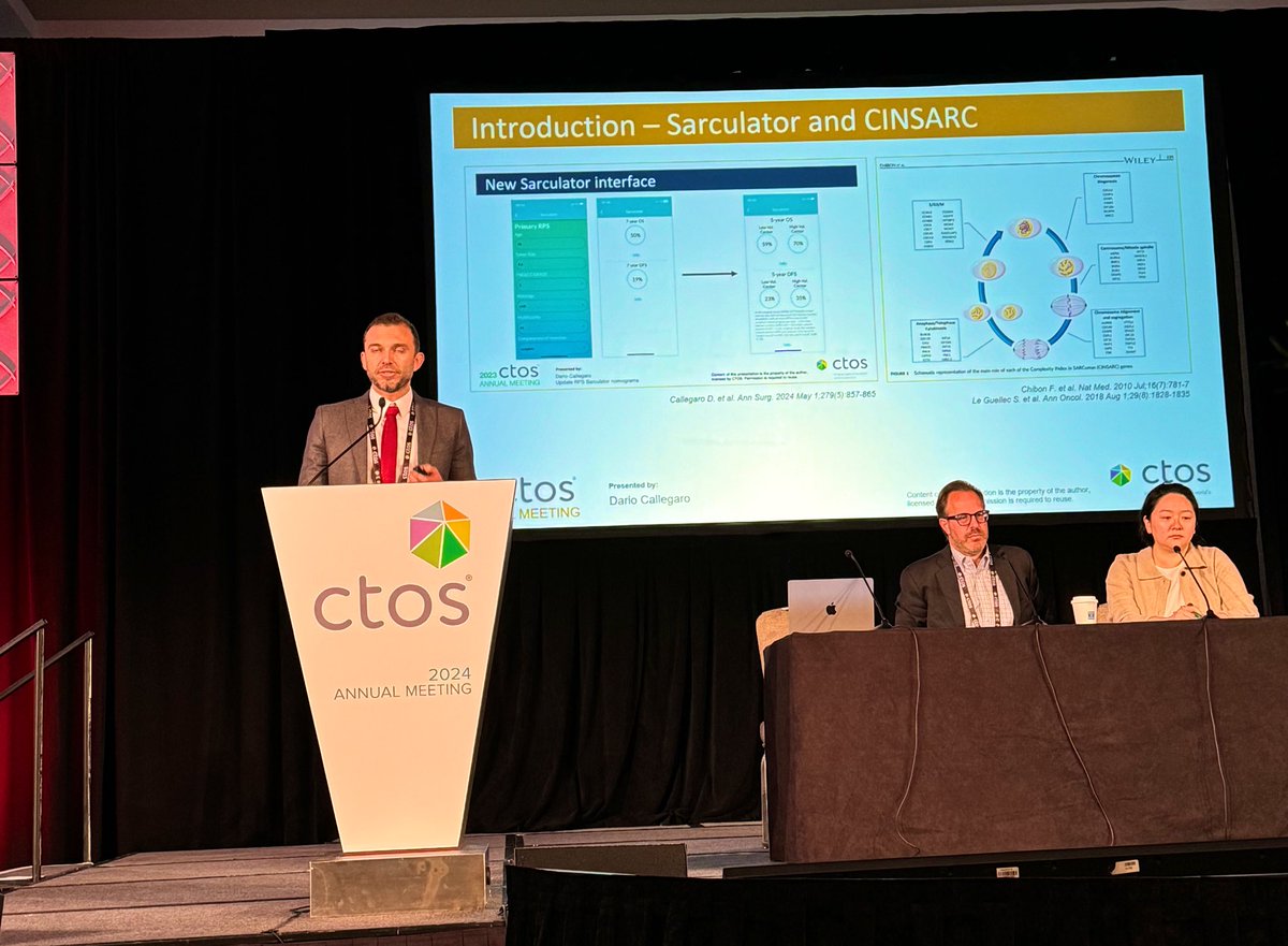 <a href="/DCalleMD/">Dario Callegaro</a> presenting validation of CINSARC in pts with retroperitoneal sarcoma
🔸CINSARC is prognostic for OS and DFS
🔸CINSARC and Sarculator are correlated
🔸CINSARC do not improve prognostic value of Sarculator
<a href="/ctosociety/">CTOS</a> #CTOS2024 #CTOSTweeTOS