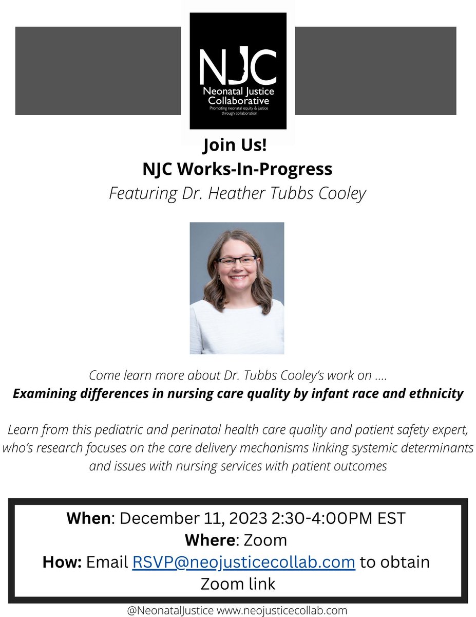 Neonatal Justice Collaborative (@neonataljustice) on Twitter photo RESCHEDULED! Join us Wednesday 12/11 for Dr. Heather Tubbs Cooley's talk investigating #Nursing #qualitycare #disparities. DM or email rsvp@neojusticecollab.com for the Zoom Link RESCHEDULED! Join us Wednesday 12/11 for Dr. Heather Tubbs Cooley's talk investigating #Nursing #qualitycare #disparities. DM or email rsvp@neojusticecollab.com for the Zoom Link
