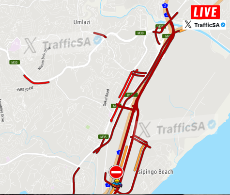 TrafficSA's tweet photo. Durban - N2 South: QUEUE from the Umlazi exit - side roads are gridlocked and chaotic #Prospecton #Isipingo #UmbogintwiniBridge https://t.co/qRZGEnFKZ4