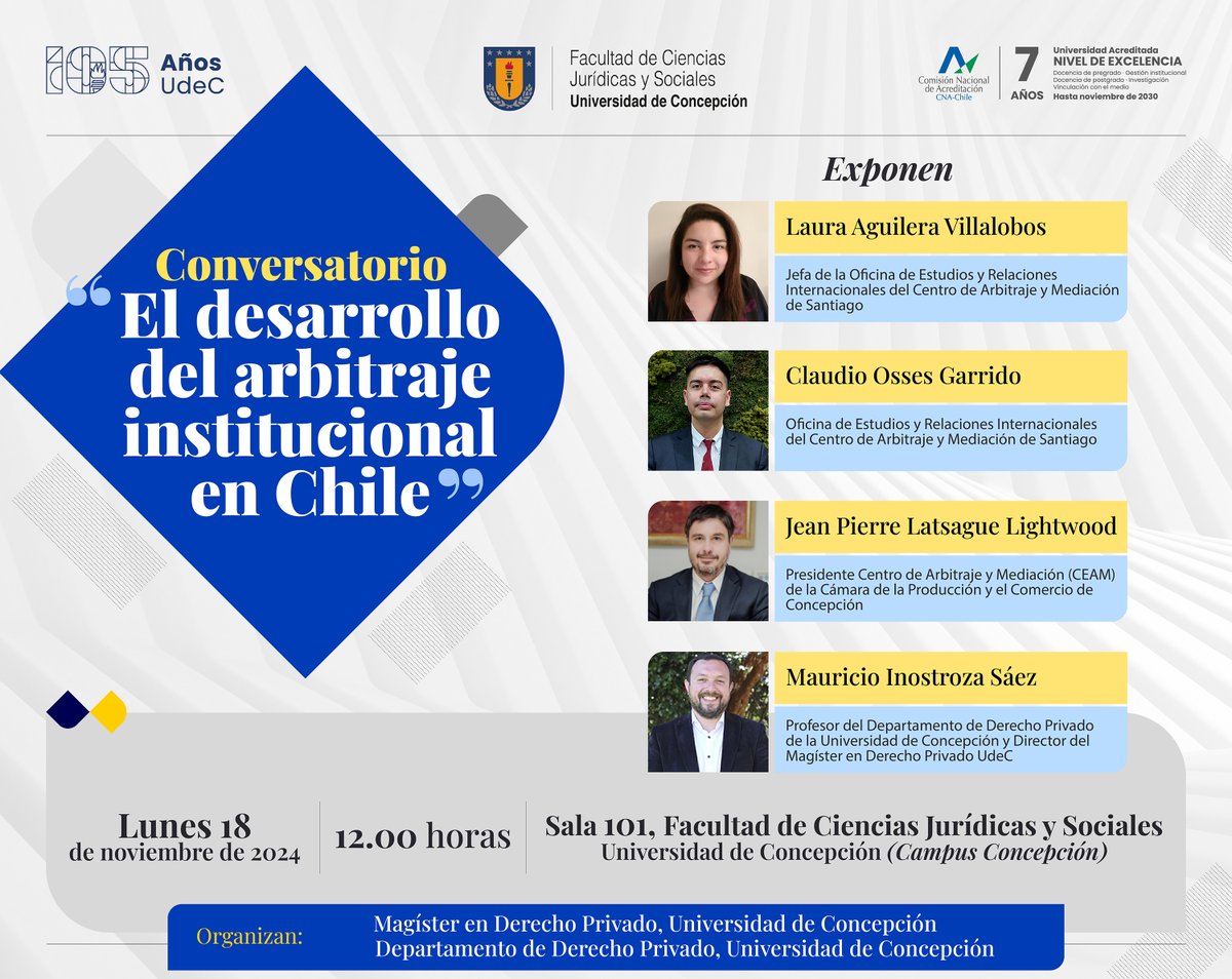 #EquipoCAMSantiago 🇨🇱 ¡Te esperamos en #Concepción! El lunes 18 de noviembre de 2024 a las 12:00, te esperamos en el  «Conversatorio: El Desarrollo del Arbitraje Institucional en Chile» en la  Sala 101 de <a href="/juridicysocudec/">Juridicas y Sociales UdeC</a> | #DerechoUdeC | camsantiago.cl/actividad/conv…