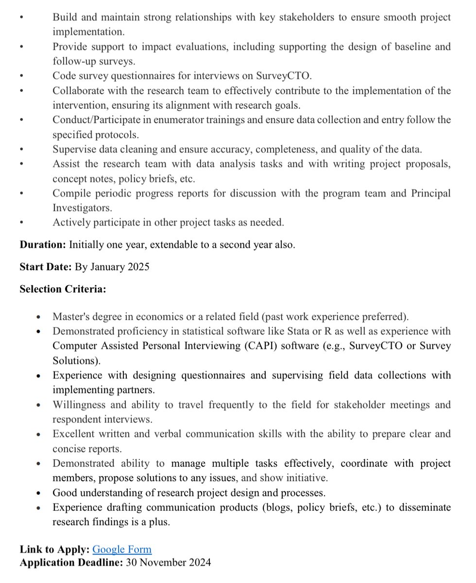 Danila Serra (@danilaserra_eco) on Twitter photo #EconTwitter <a href="/econ_ra/">Econ RA Listings</a> <a href="/JPAL_SA/">J-PAL South Asia</a>
📢JOB OPENING ALERT📢
Raymond Robertson (<a href="/BushSchool/">The Bush School, TAMU</a>), Hamna Ahmed (<a href="/Lahore_School/">Lahore School of Economics</a>) & I are hiring a full time Research Manager in Lahore, Pakistan.
- Exciting project on women's inclusion in the Green Transition.
- Apply by Nov 30.
Please RT! #EconTwitter <a href="/econ_ra/">Econ RA Listings</a> <a href="/JPAL_SA/">J-PAL South Asia</a>
📢JOB OPENING ALERT📢
Raymond Robertson (<a href="/BushSchool/">The Bush School, TAMU</a>), Hamna Ahmed (<a href="/Lahore_School/">Lahore School of Economics</a>) & I are hiring a full time Research Manager in Lahore, Pakistan.
- Exciting project on women's inclusion in the Green Transition.
- Apply by Nov 30.
Please RT!
