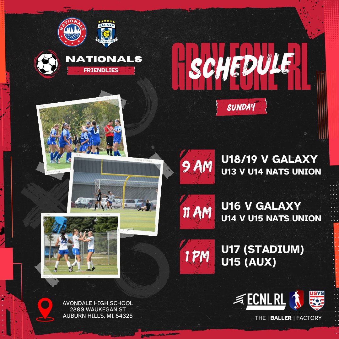 Nationals Girls Academy (@nationalsga) on Twitter photo This weekend, we welcome one of the <a href="/GAcademyLeague/">Girls Academy</a> top clubs, <a href="/GalaxySCIL/">Galaxy Soccer Club</a>, to Michigan for some matchups vs our ECNL & ECNL-RL teams!
Check out the game schedule, with all games being played at Avondale High School:
Saturday: ECNL vs Galaxy (U13-U19)
Sunday: ECNL-RL vs Older This weekend, we welcome one of the <a href="/GAcademyLeague/">Girls Academy</a> top clubs, <a href="/GalaxySCIL/">Galaxy Soccer Club</a>, to Michigan for some matchups vs our ECNL & ECNL-RL teams!
Check out the game schedule, with all games being played at Avondale High School:
Saturday: ECNL vs Galaxy (U13-U19)
Sunday: ECNL-RL vs Older