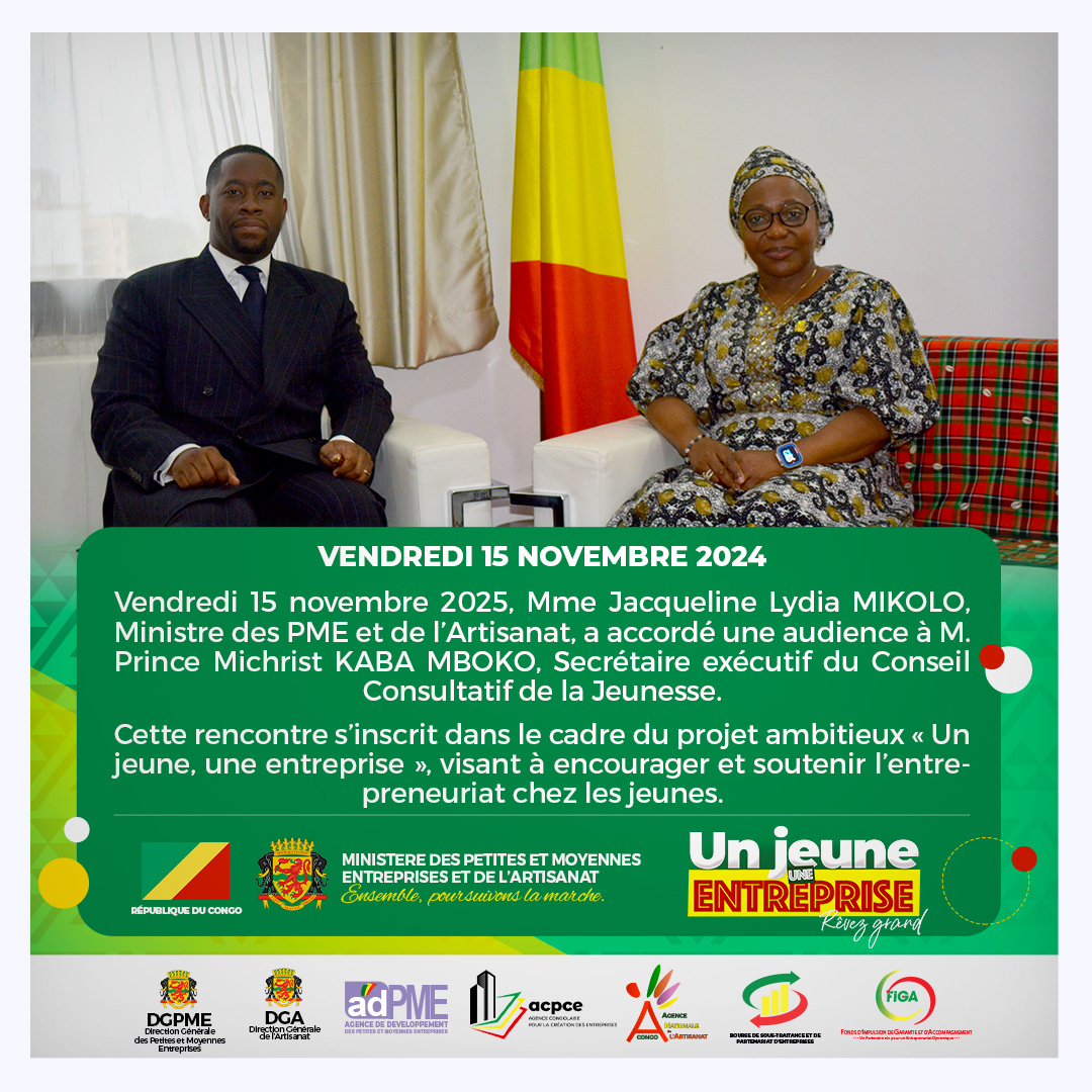 Audience à M. Prince Michrist KABA MBOKO, Secrétaire exécutif du Conseil Consultatif de la Jeunesse.

Cette rencontre s’inscrit dans le cadre du projet « Un jeune, une entreprise », visant à encourager et soutenir l’entrepreneuriat chez les jeunes.

#mpmea #unjeuneenuentreprise
