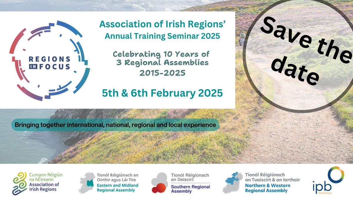 🌟 ANNOUNCEMENT 🌟 Mark your calendars for the 'Regions in Focus' event on 5-6 February 2025!

Join the Association of Irish Regions to celebrate 10 years of the 3 Regional Assemblies in Ireland 🥳and dive deep into discussions on multi-level governance 🇮🇪 

More details soon! 🗓️