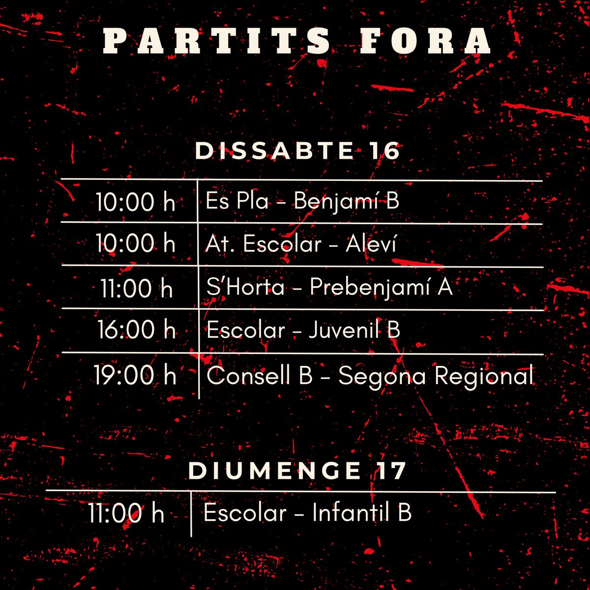 Bon divendres😍❗️
Aquí teniu tots els partits d'aquest cap de setmana. Sort a tots i a totes!❤️🖤