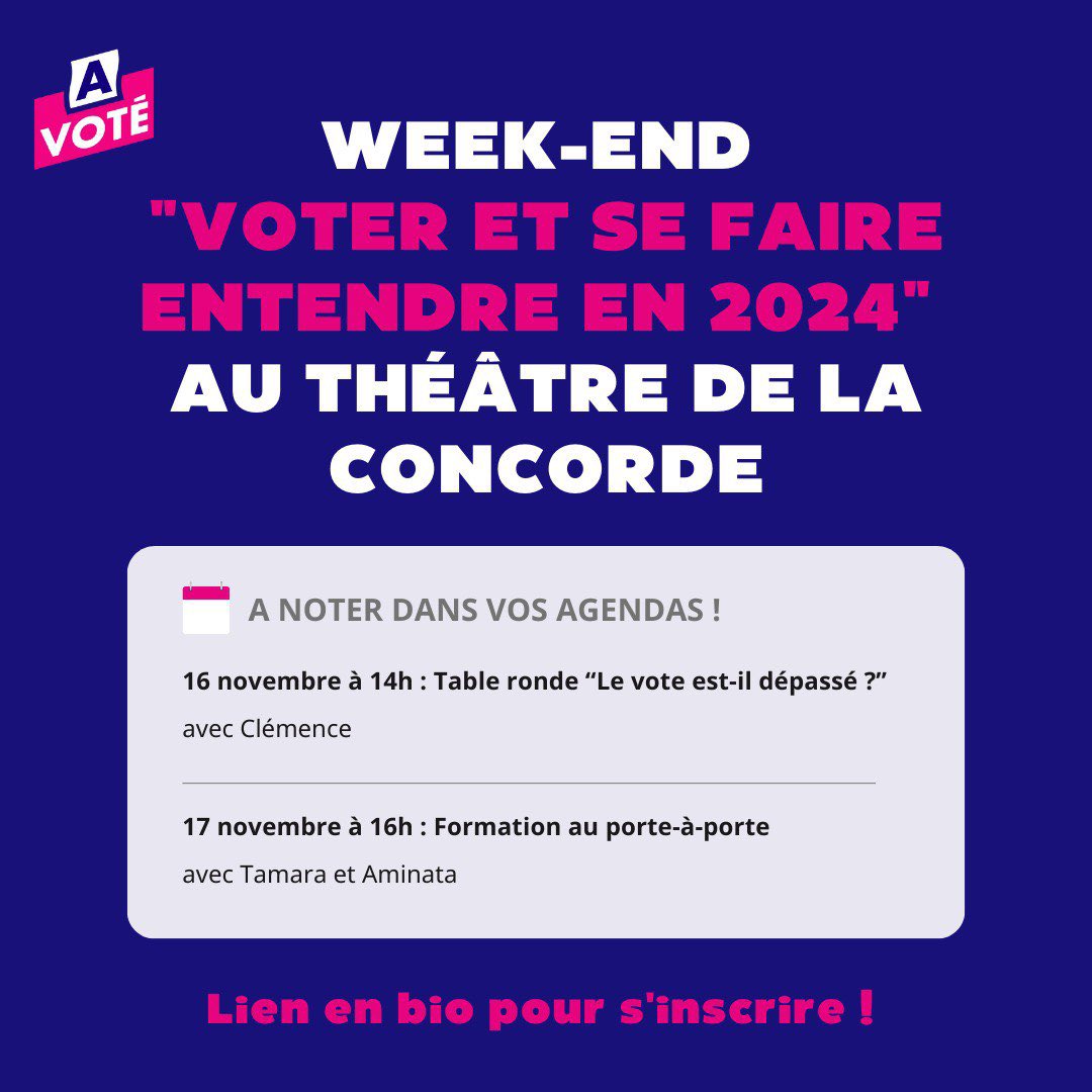 A Voté 🗳 (@avote_ong) on Twitter photo 🗳️Nous sommes heureux d’être partenaire du week-end « VOTER ET SE FAIRE ENTENDRE EN 2024 » !
A Voté se mobilise :
🗓️Samedi
Table-ronde : Le vote est-il dépassé ? Avec notre co-présidente <a href="/ClemencePene/">Clémence Pène</a>
🗓️Dimanche
Formation au porte-à-porte par <a href="/Aminata_Dbl/">Aminata Dembele</a> <a href="/TamaraSpitzerH/">Tamara S-H</a> 🗳️Nous sommes heureux d’être partenaire du week-end « VOTER ET SE FAIRE ENTENDRE EN 2024 » !
A Voté se mobilise :
🗓️Samedi
Table-ronde : Le vote est-il dépassé ? Avec notre co-présidente <a href="/ClemencePene/">Clémence Pène</a>
🗓️Dimanche
Formation au porte-à-porte par <a href="/Aminata_Dbl/">Aminata Dembele</a> <a href="/TamaraSpitzerH/">Tamara S-H</a>