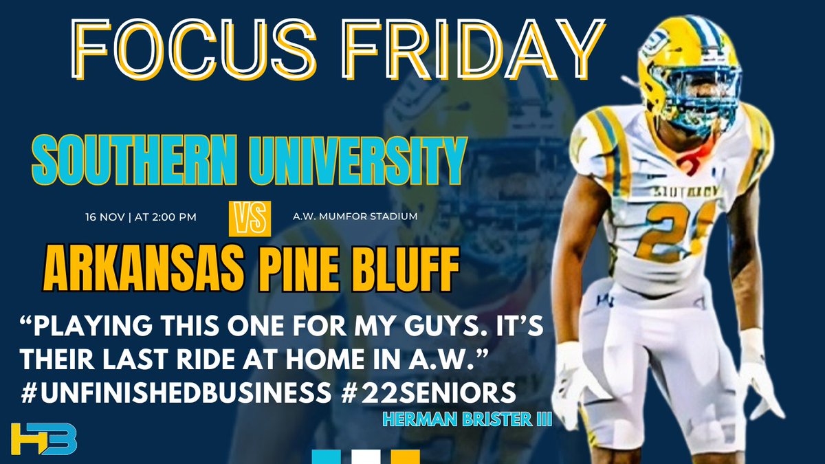 🚨 Friday Focus! 🚨
Staying in the precious present as we gear up for Arkansas Pine Bluff this Saturday. 🏈
This one’s for our 22 Seniors taking their #LastRide on the "Bluff." Let’s show up and show out for these Jaguars who’ve given it their all! 💙💛

🏈 Arkansas Pine Bluff
📅