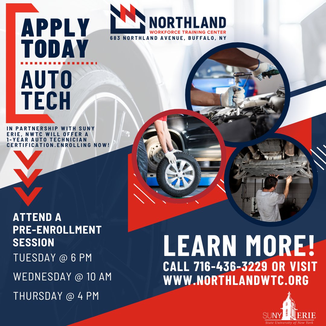 🚗💨 Shift into high gear and accelerate your future at Northland Workforce Training Center! We are now accepting applications for our NEW #AutomotiveTechnician program, offered in partnership with <a href="/SUNYECC/">SUNY Erie</a>.  Apply today ➡️ northlandwtc.org.  

#BuffaloNY #AutoTech #WNY
