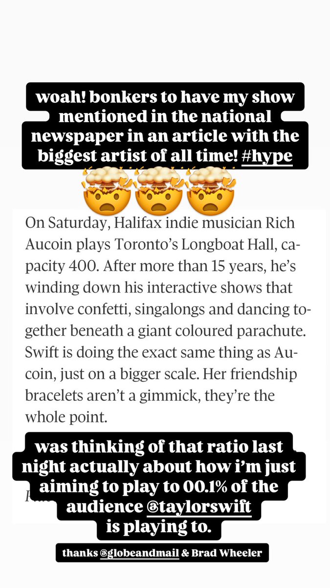 rich aucoin (@richaucoin) on Twitter photo woah <a href="/globeandmail/">The Globe and Mail</a> 🤯🤯 thanks <a href="/BWheelerglobe/">Brad Wheeler</a> for the shoutout in an article about the biggest artist of all time <a href="/taylorswift13/">Taylor Swift</a> honoured by the comparison. #TaylorSwift #Taylorswifttoronto woah <a href="/globeandmail/">The Globe and Mail</a> 🤯🤯 thanks <a href="/BWheelerglobe/">Brad Wheeler</a> for the shoutout in an article about the biggest artist of all time <a href="/taylorswift13/">Taylor Swift</a> honoured by the comparison. #TaylorSwift #Taylorswifttoronto