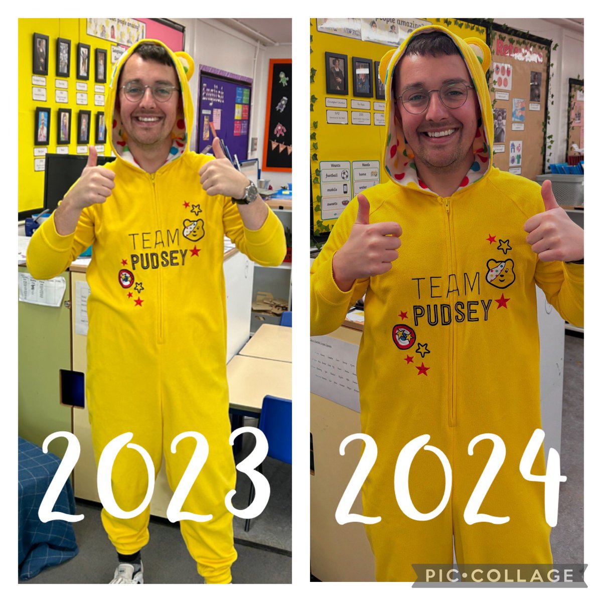 8 years in teaching and I’m still wearing the same onesie for #ChildrenInNeed 🎉