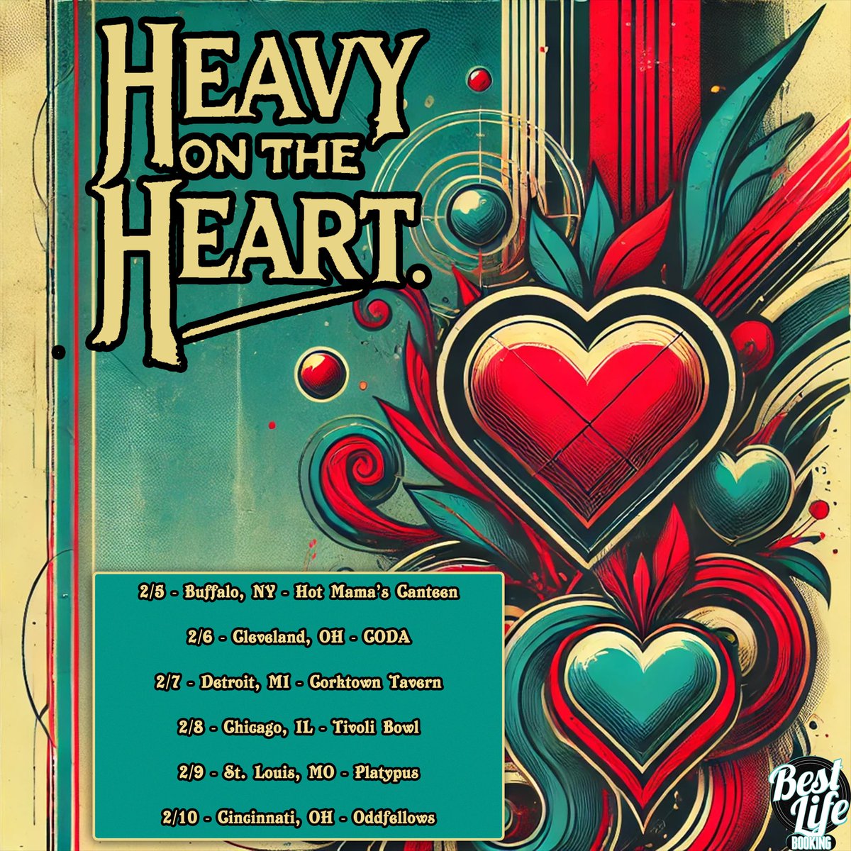 Ripping through the Midwest for our first shows of 2025.

2/5 - Buffalo, NY - Hot Mama’s Canteen
2/6 - Cleveland, OH - CODA
2/7 - Detroit, MI - Corktown Tavern
2/8 - Chicago, IL - Tivoli Bowl
2/9 - St. Louis, MO - Platypus
2/10 - Cincinnati, OH - Oddfellows

heavy.