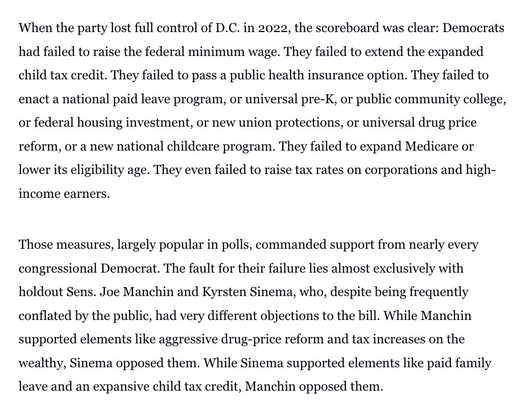stevemorris__'s tweet photo. The full list of things Democrats tried to pass but were unable to deliver is super long: paid leave, the expanded child tax credit, minimum wage hike, public option, childcare, housing, union protections, pre-K, and on. 

They slowly died, almost entirely because of Manchin and Sinema — who ate at the bill from different sides.