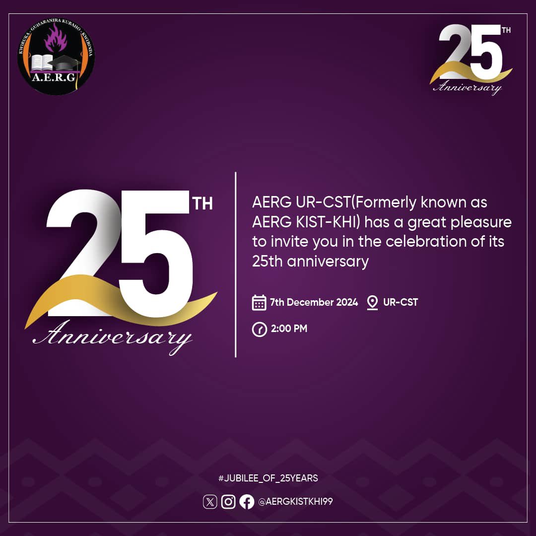 AERG KIST-KHI has a great Pleasure to invite you in the celebration of its 25th anniversary.
The event will take place on 07th December 2024 at UR-College of Science and Technology at exactly (2:00 Pm)