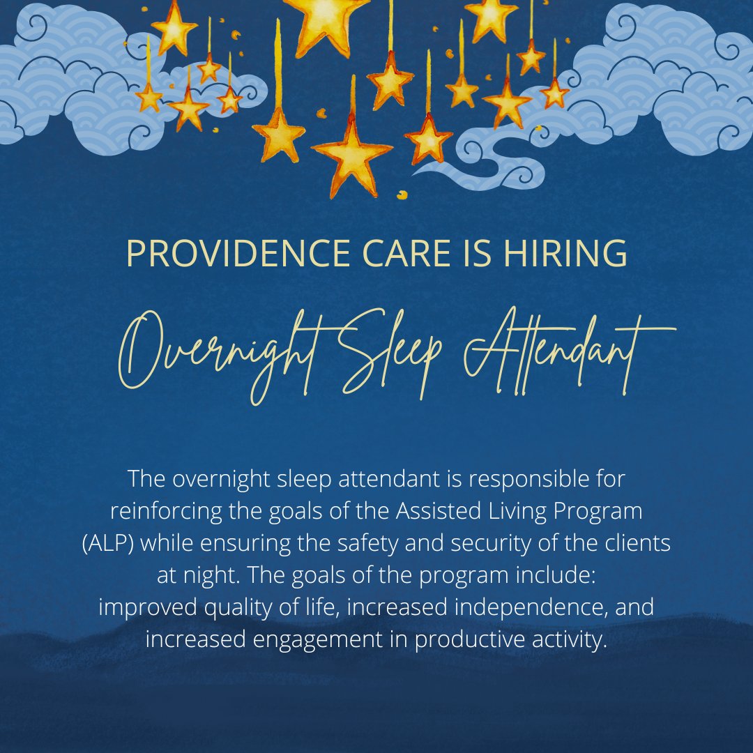 🌙 Providence Care is #Hiring a part-time Overnight Sleep Attendant 😴💖 They're looking for a compassionate student to join their team and help ensure the safety, security, and independence of clients overnight! Apply here shorturl.at/cQxIm

#CareerServices #slcstudents