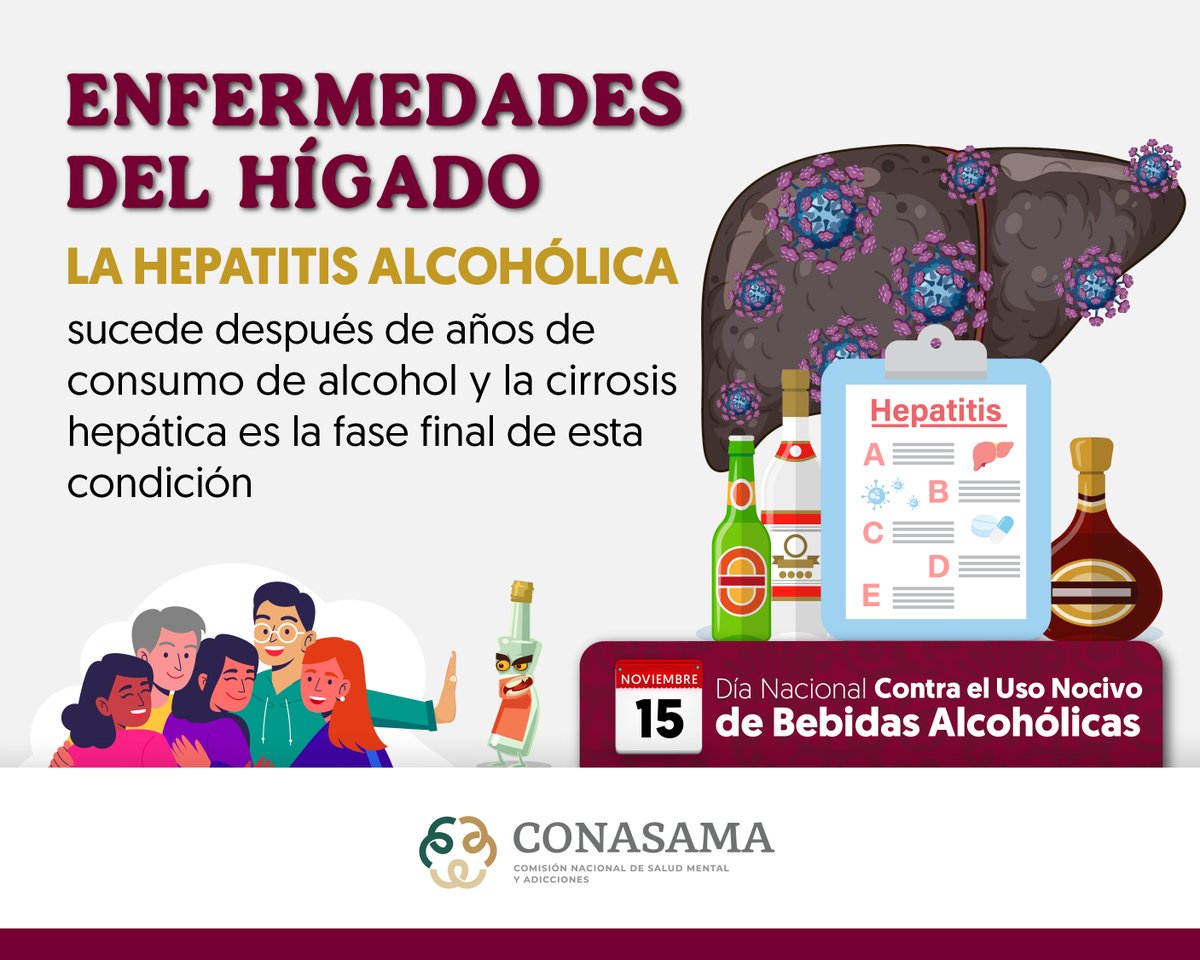 conasamamx's tweet photo. 15 noviembre I Día Nacional Contra el Uso Nocivo de Bebidas Alcohólicas

A nivel mundial, la mitad de las muertes debidas a cirrosis hepáticas se relacionan con el consumo de alcohol.

En México, 50% de las muertes por cirrosis hepática son causadas por el consumo de alcohol

#UsoNocivoDeAlcohol
#SiTeCuidasNosCuidas