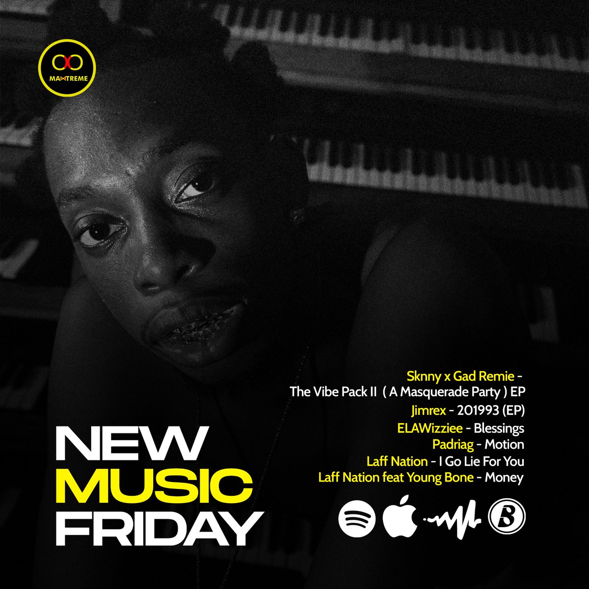MaxtremeHQ_'s tweet photo. It’s New Music Friday! Here’s our new music releases for the week; 

1) @sknnymusic ft @GadRemieMusic - The Vibe Pack II (A Masquerade Party) EP
2) @1jimrex - 201993 ( EP)
3) @ELAWizziee - Blessings

#MaxtremeInc #MaxtremeDistribution https://t.co/ItBQtwpM3r