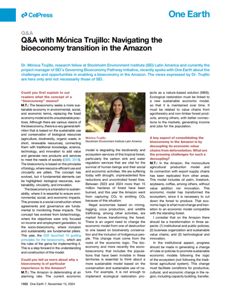 OneEarth_CP's tweet photo. In this month’s Q&amp;A, we speak with @montrubec, project manager of @SEIresearch Governing Bioeconomy Pathway initiative, about navigating the bioeconomy transition in the Amazon. Read more here: https://t.co/e2yW2NwaSv https://t.co/0LznYRsOyx