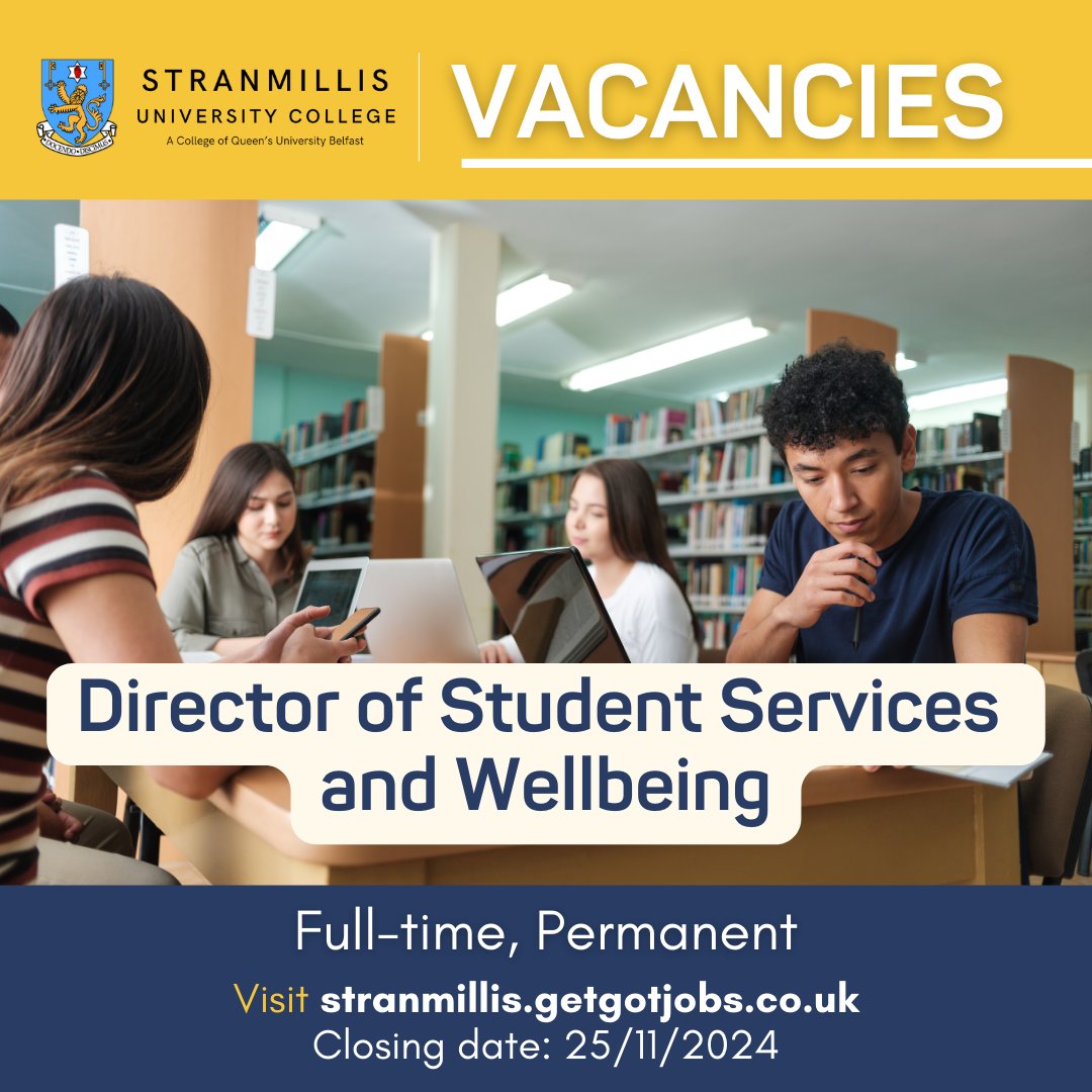 Stranmillis University College is looking for a Director of Student Services and Wellbeing to join its Senior Leadership Team. For more details and to apply, visit stranmillis.getgotjobs.co.uk/home #nijobs #studentwellbeing #studentservices