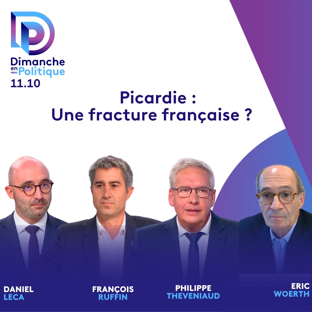📺Dimanche en politique aura pour thème la Picardie vit-elle une fracture sociale et économique? Pour en débattre <a href="/HamdaneZohra/">Zohra Hamdane</a> reçoit :
➡️<a href="/lecadaniel/">Daniel Leca 🇪🇺🇫🇷</a>
➡️<a href="/Francois_Ruffin/">François Ruffin</a>
➡️<a href="/ericwoerth/">Eric Woerth</a>
➡️ <a href="/TheveniaudPhil/">Philippe THÉVENIAUD 🇫🇷</a>
#dimancheenpolitique 17 novembre à 🕚11.10 sur <a href="/f3picardie/">France 3 Picardie</a>
