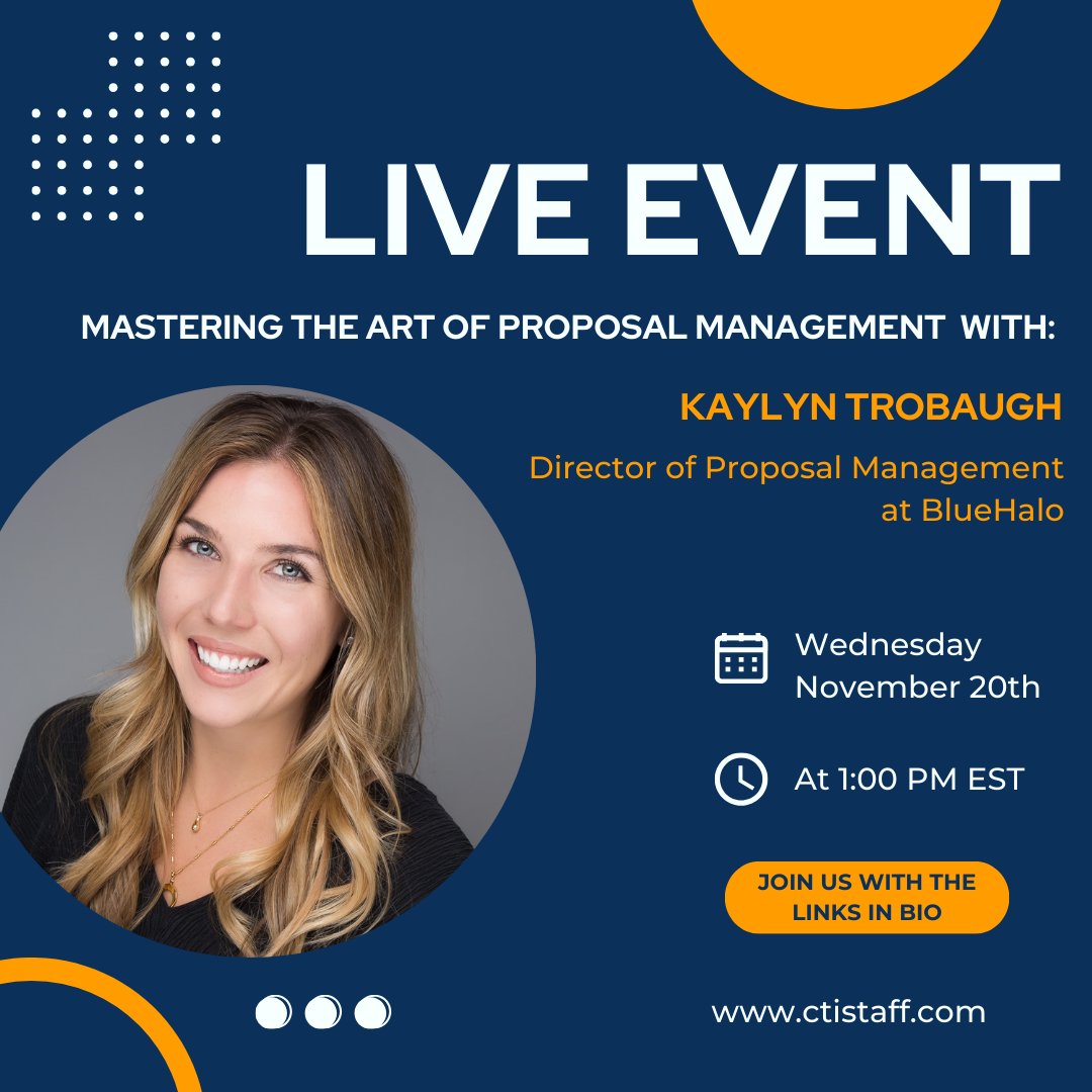 cti_staffing's tweet photo. 🚀 Join Kaylyn Trobaugh from @BlueHalo as she shares her expert strategies in proposal management on 📅 November 20th at 🕐 1:00 pm EST.  See you there!
🔴Livestreaming on:
YouTube: https://t.co/rx4xiXngoq
#ProposalManagement #Webinar #DefenseIndustry #ProposalStrategy https://t.co/2ojPpN7445
