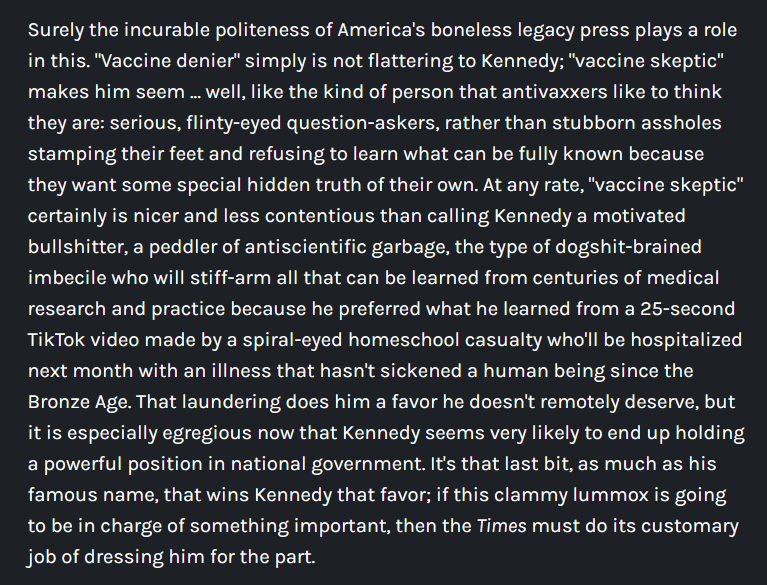 DefectorMedia's tweet image. "How does a shit-for-brains like Robert F. Kennedy Jr. come to be described as a 'vaccine skeptic' in the New York Times, in 2024, when he absolutely is not one, and when there is also no such thing as one?"