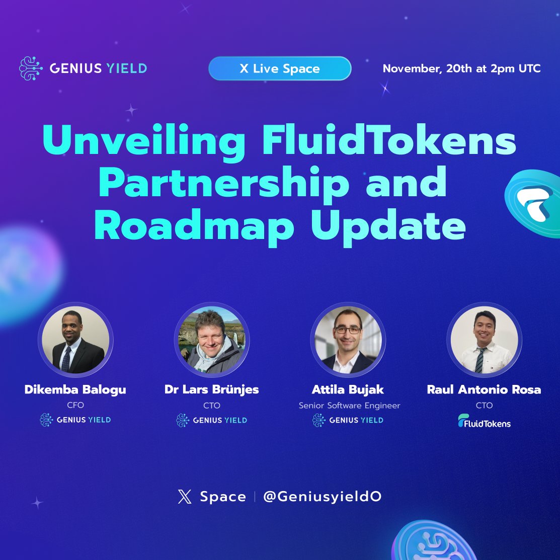 📢  Special X live session next week! 📢

Join us! We’ll be discussing our work with <a href="/FluidTokens/">FluidTokens</a> and outlining the next steps. Let’s dive into the challenges, objectives and the future together.

⭐️ Speakers:
<a href="/elraulito/"></a> 
<a href="/LarsBrunjes/">Lars Brünjes</a> 
<a href="/4TTIL4_DEV/">4TTIL4</a>
<a href="/Mazi_Eze_/">Dikemba Balogu</a> 

Hit