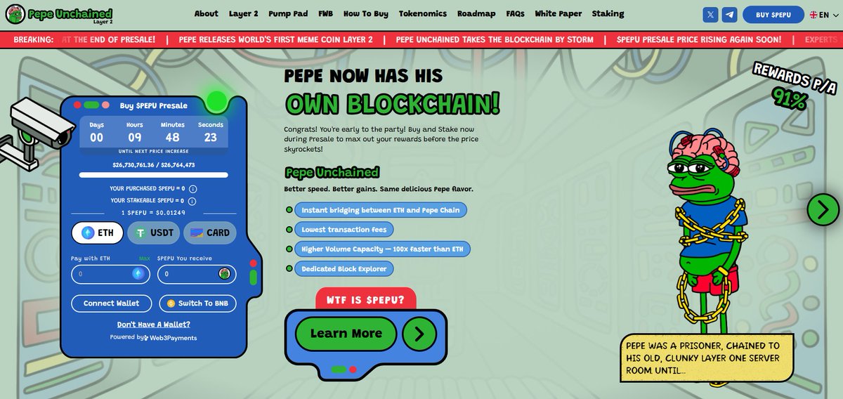 torax_fi's tweet photo. $PEPU | Market Value: $119 Million

✜ $PEPU, or Pepe Unchained, successfully raised $25 million in its presale, making it a standout launch for meme coins.

✜ It includes a new Layer-2 system called the Pepe Chain, which aims to make transactions faster and cheaper, tackling common problems of speed and high costs in cryptocurrency.