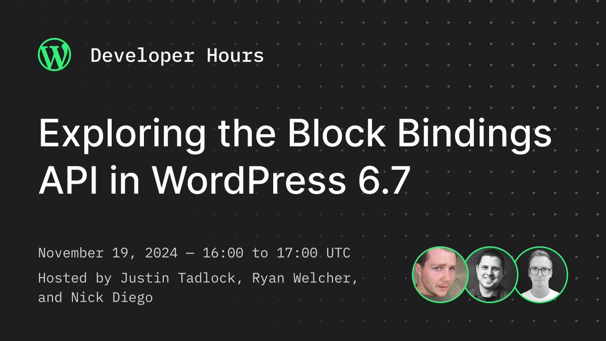 Looking forward to Developer Hours next week with <a href="/justintadlock/">Justin Tadlock</a> and <a href="/ryanwelcher/">Ryan Welcher | See you at WC Canada in Ottawa</a>.

Currently flying back from a team meetup, where we spent the majority of our time experimenting with the Block Bindings API. So many applications...

RSVP on Meetup 👉 meetup.com/learn-wordpres…