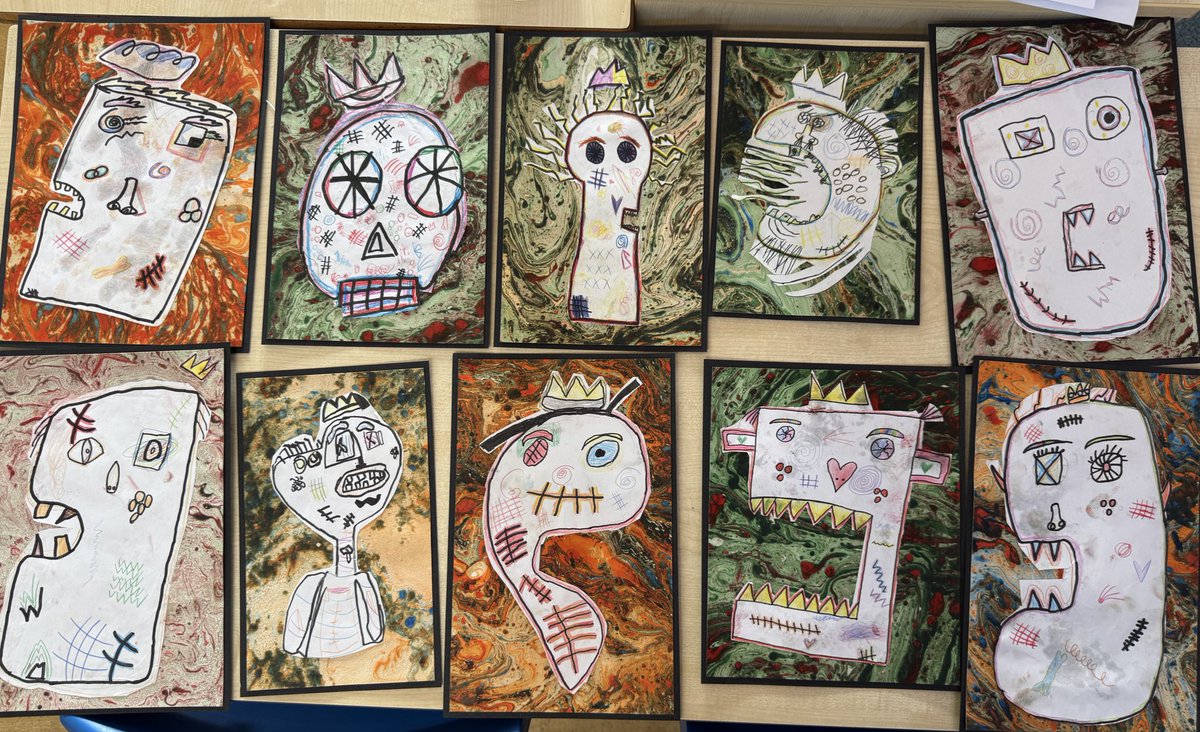 As part of Arts Week, Walliams class have been using a marbling technique to create backgrounds for their Basquiat-inspired portraits