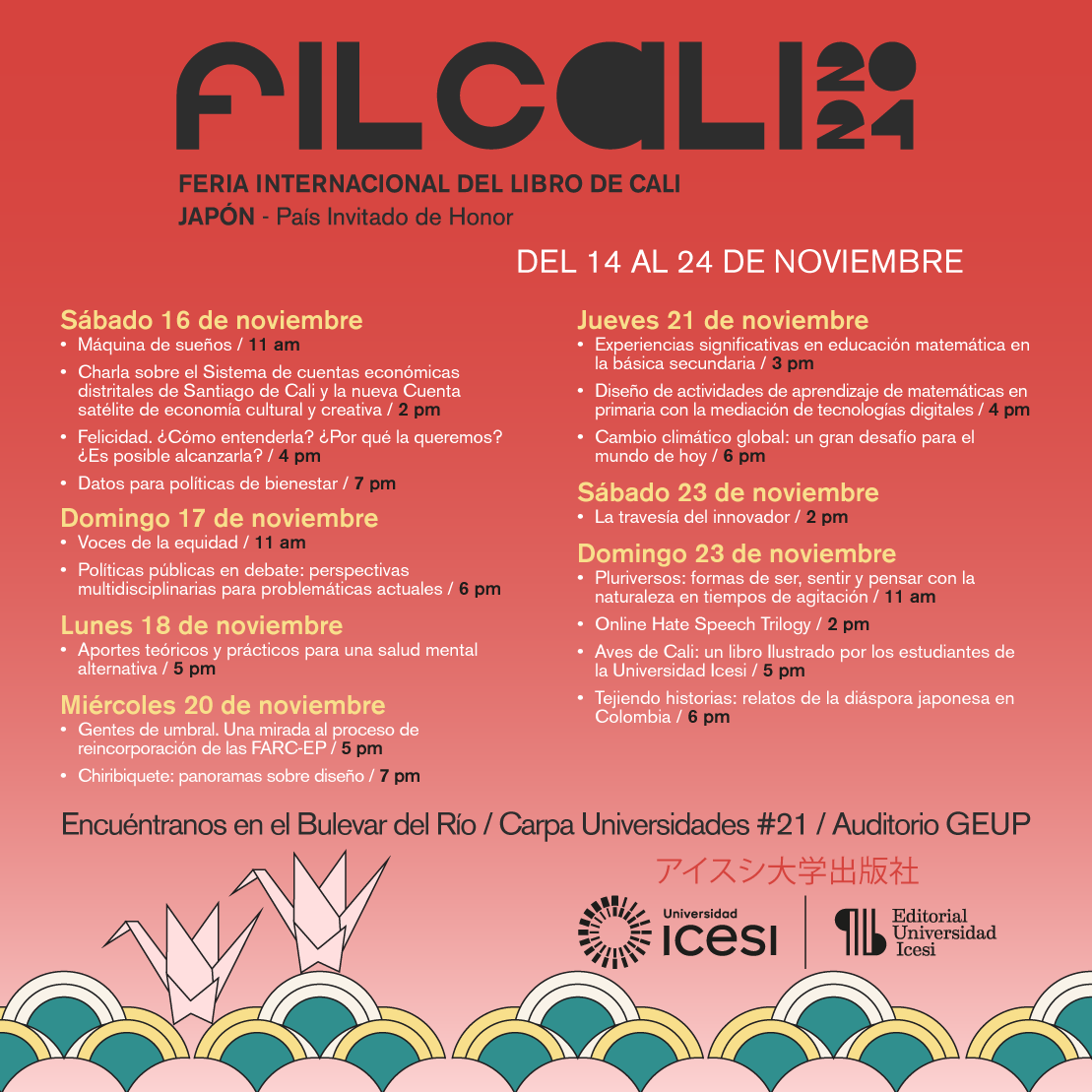 #ICESIenFilCali2024 📢 Acompáñanos en esta edición de <a href="/CaliFeriaLibro/">Feria Internacional del Libro de Cali (FIL Cali)</a> con Japón 🇯🇵 como país invitado de honor.

En esta edición @Icesi participa en 17 actividades con novedades del 2023-2024.

Estaremos en la Carpa Universidades (#21) <a href="/GEUP_Colombia/">Somos #GEUP_Colombia</a>

#LeeLibrosIcesi #FilCali2024